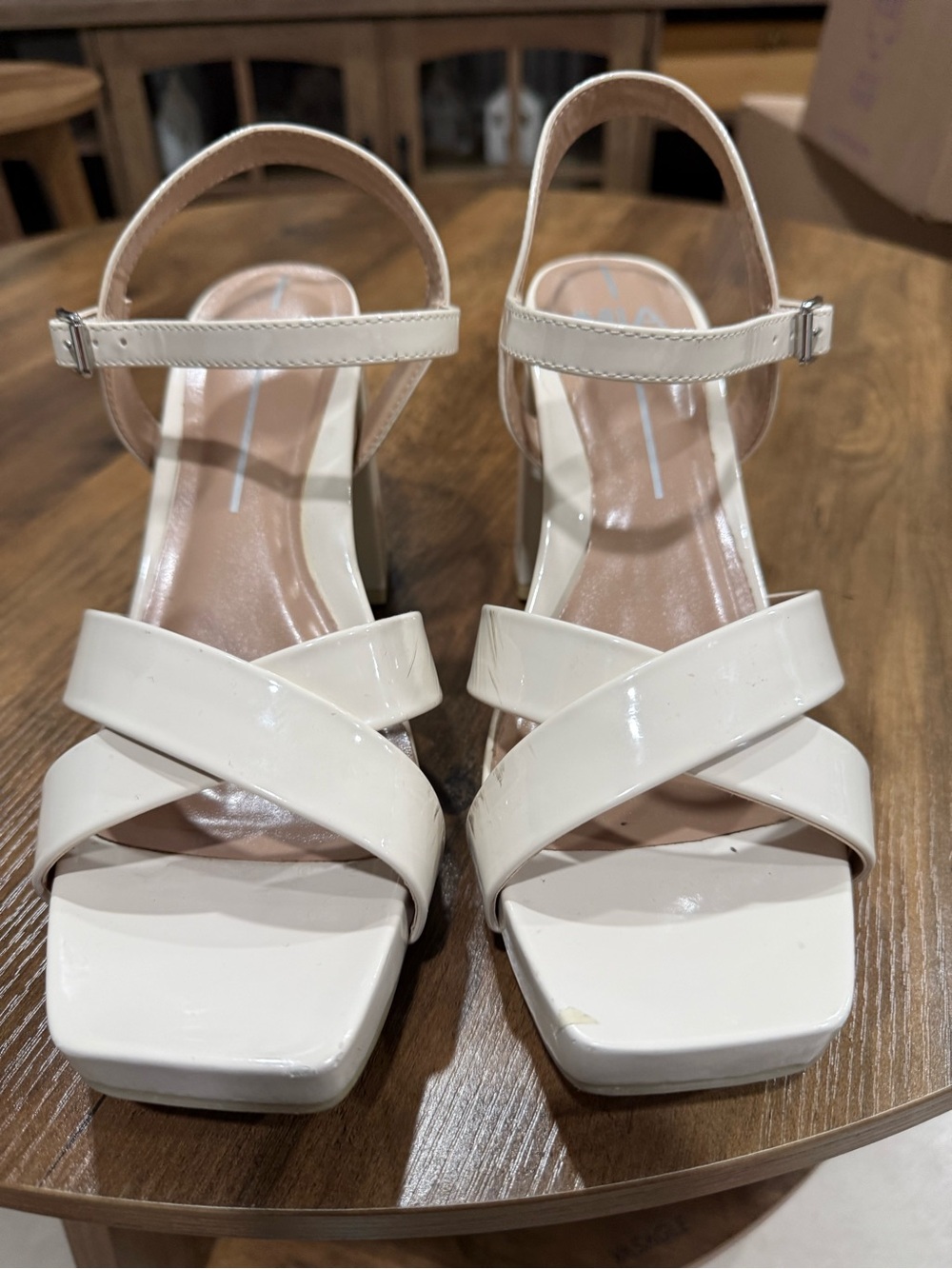 MIA Cream Patent Crisscross Block Heel Sandals